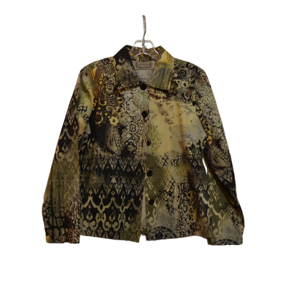 LIFE STYLE Long Sleeves Brown-Green-Cream Graphic Pattern Sequences Jacket S